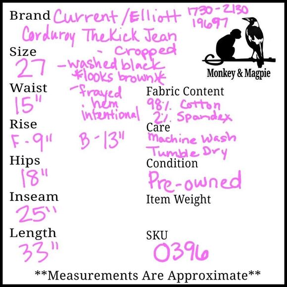 Current/Elliott Corduroy The Kick Jean Cropped in Washed Black Frayed Hem Sz 27 - Picture 12 of 12